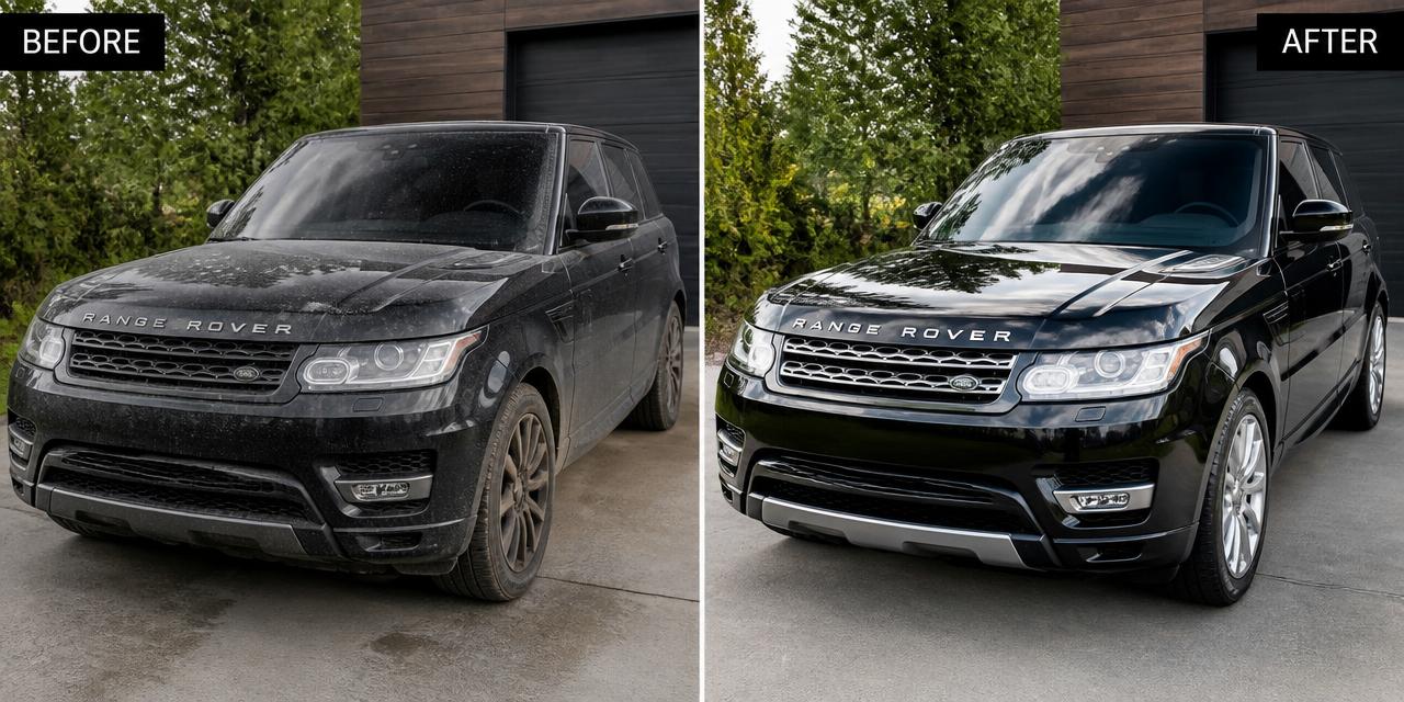 Before and after exterior detailing on a black SUV — dusty to mirror finish