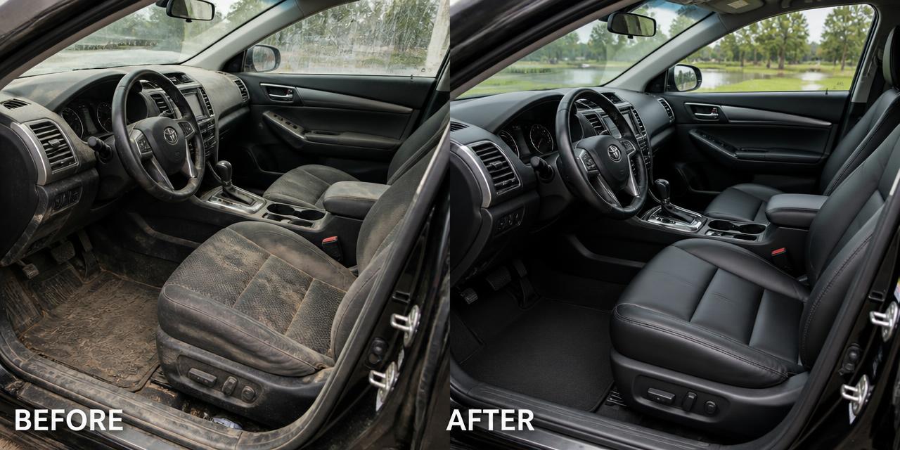 Before and after interior detailing — stained upholstery to clean leather