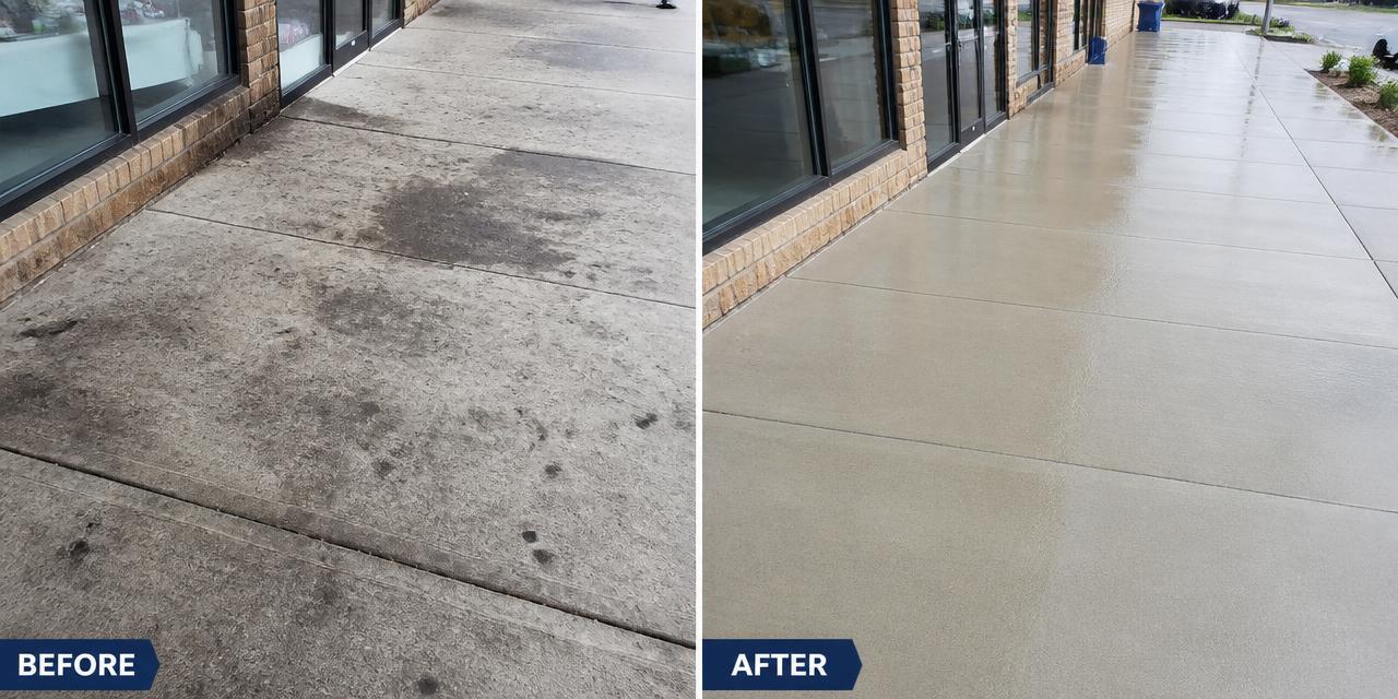 Before and after commercial pressure washing on a storefront sidewalk