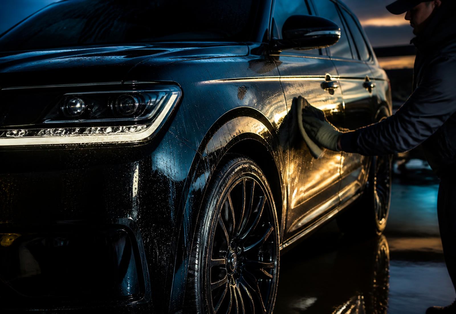 Black SUV being hand detailed to a mirror finish at dusk