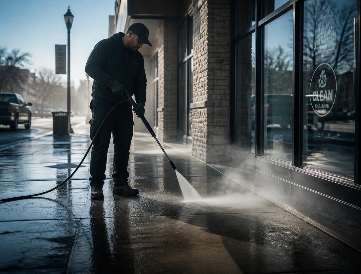 Technician pressure washing a commercial storefront sidewalk